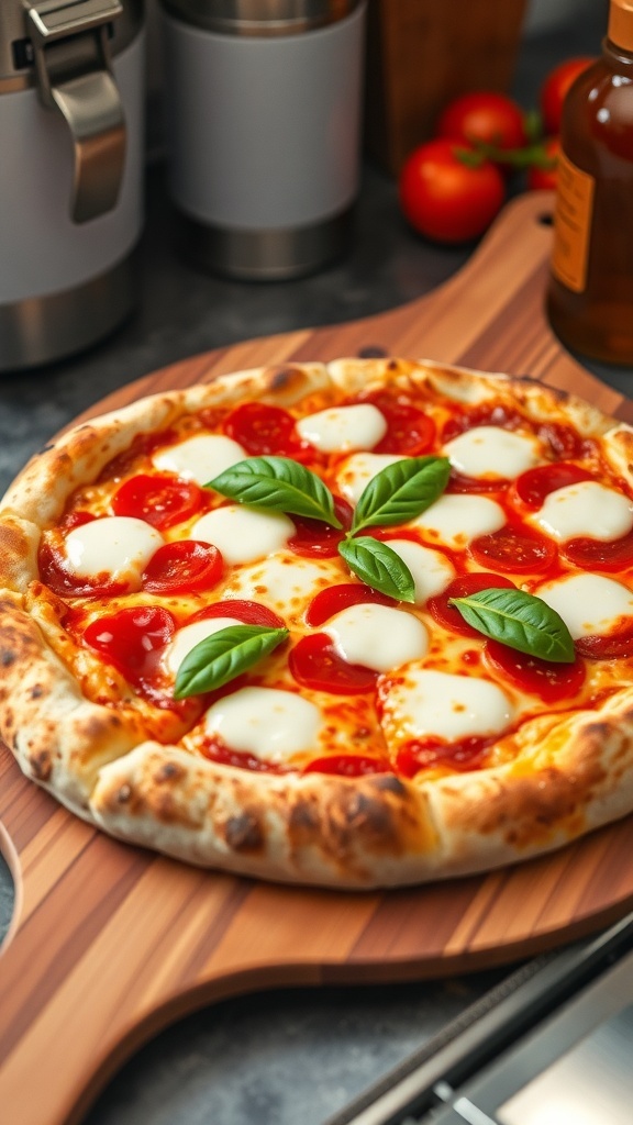 Homemade pizza with golden crust, tomato sauce, mozzarella cheese, and basil on a wooden peel.